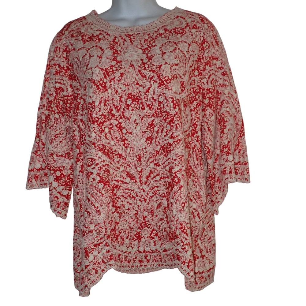Solitaire Bell Sleeve Blouse Womens M Red Boho Beachy Embroidered‎ Floral Tunic